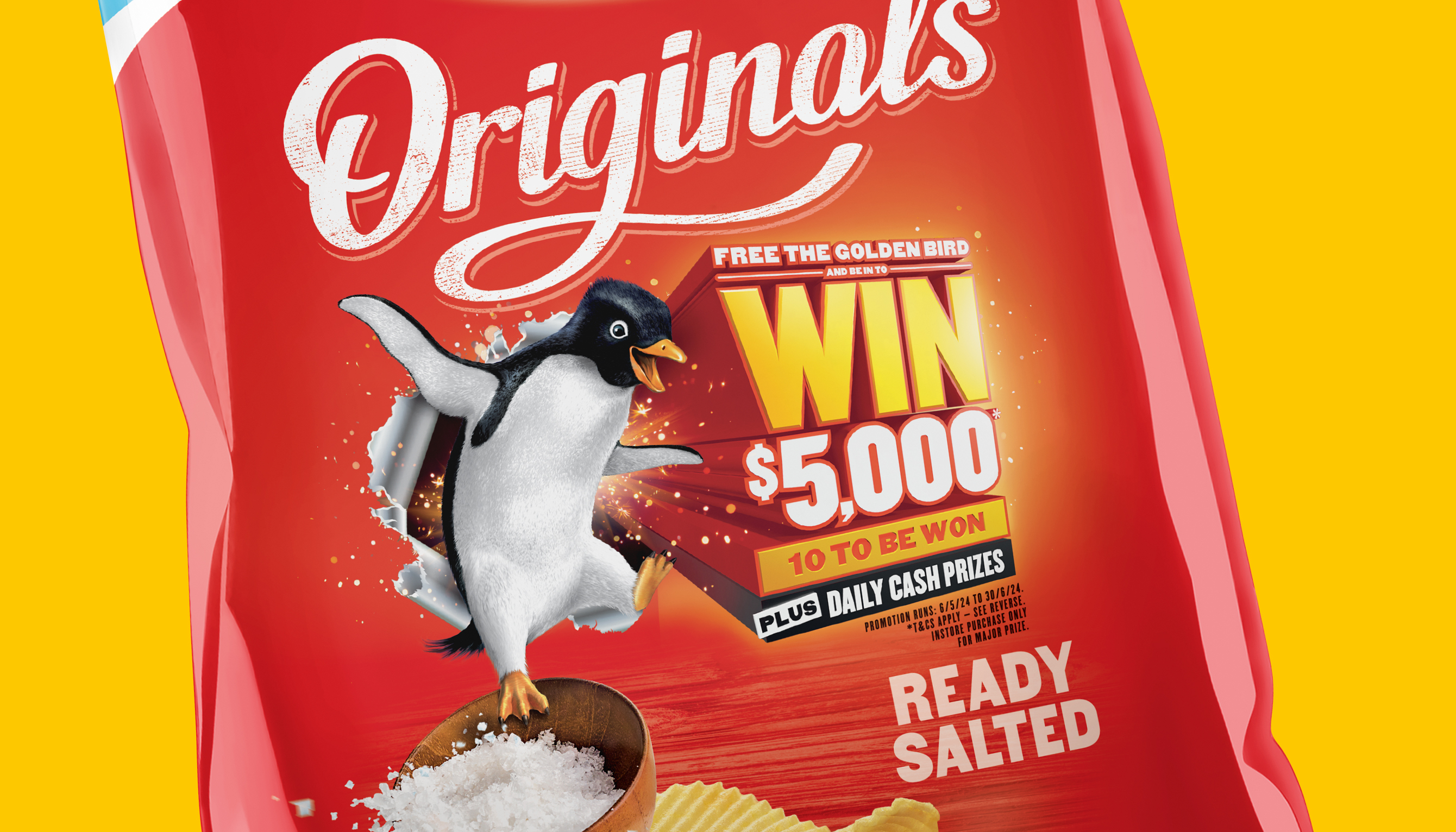 Bluebird chip packet, win $5000 closeup